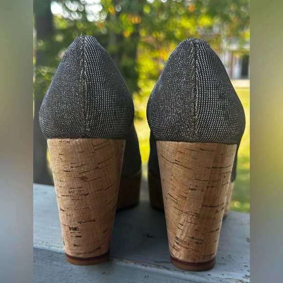 STUART WEITZMAN Metallic Sparkle Silver Gold Cork Wedge Platform Peep Toe Leathe - Picture 6 of 14